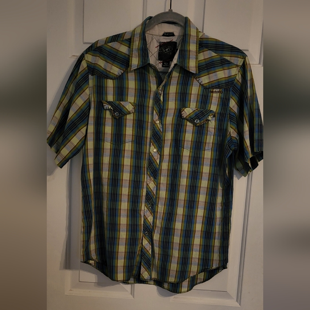 BILLABONG  Cattleman Blue and Green Plaid Snap Button Down Shirt